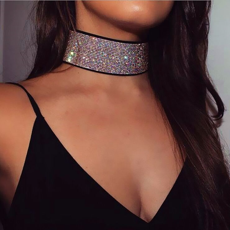 Shiny colorful rhinestone choker necklace for women nightclub party trendy jewelry collar neck statement necklace
