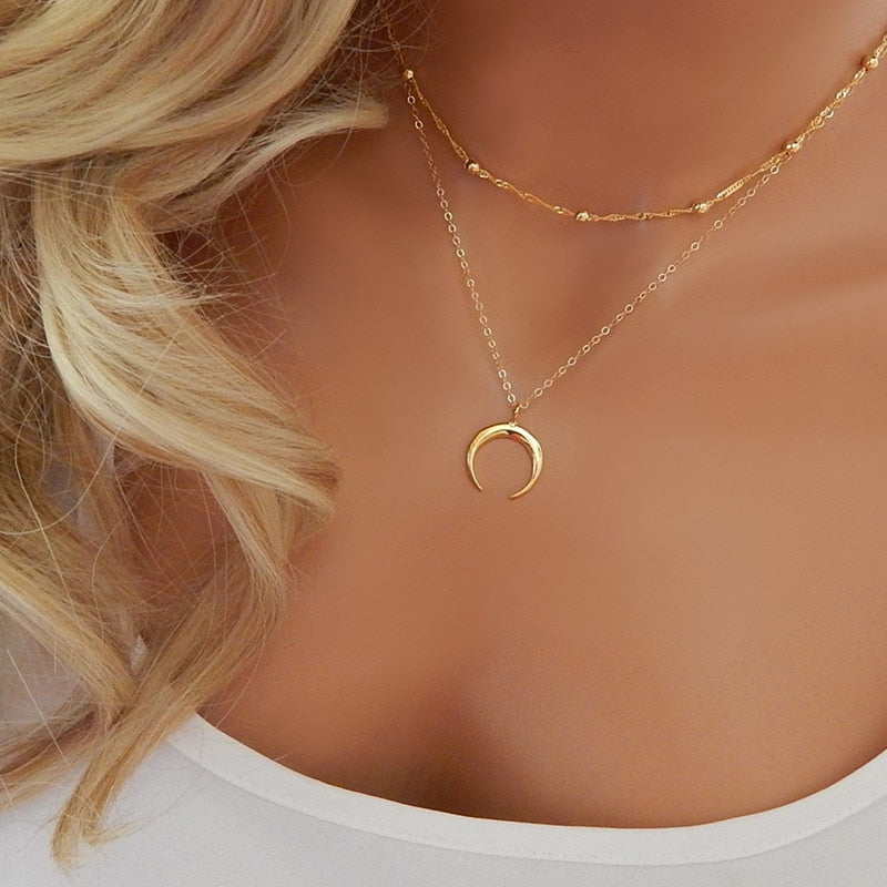 Short Simple Gold Silver color Crescent Pendant choker necklace Double layer bohemian necklace women Collares