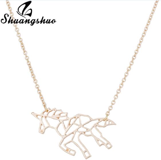 Shuangshuo Ethnic Origami Unicorn Necklace Choker Horse Necklace Women Necklaces & Pendants Animal Necklace Silver Jewelry colar
