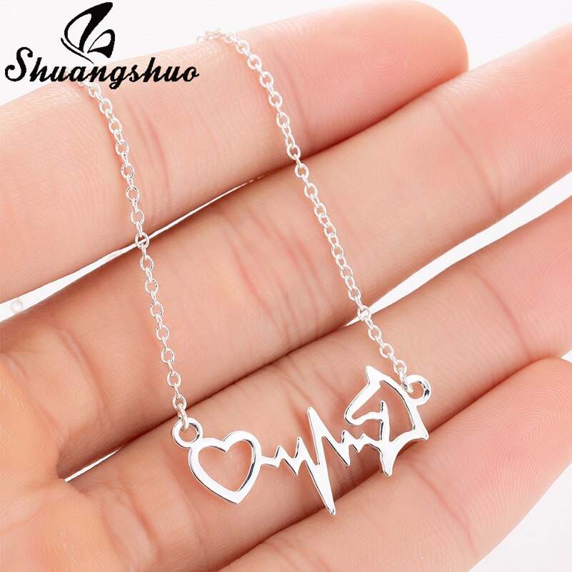 Shuangshuo Simple Electrocardiogram ECG Horse Head Pendant Necklaces for Women Animal Heart Heartbeat Necklace Chocker Jewelry