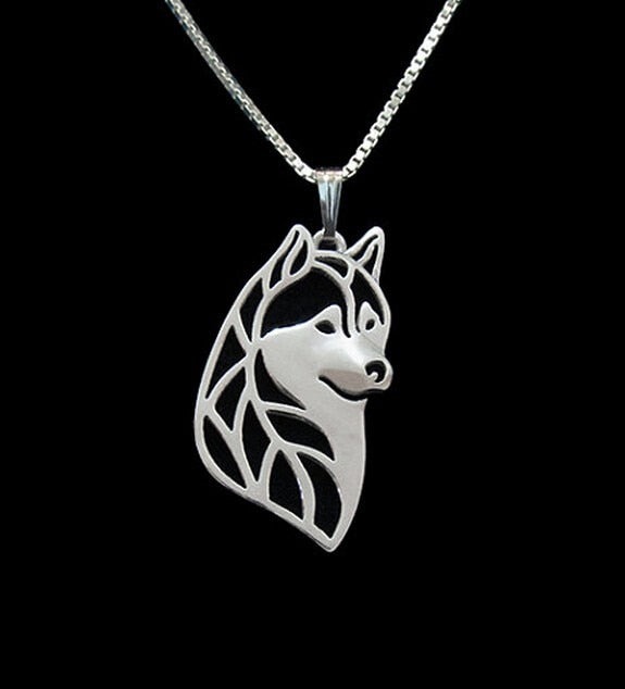 Siberian husky head necklace dog pendant jewelry golden colors plated