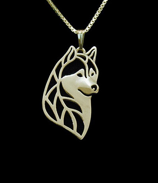 Siberian husky head necklace dog pendant jewelry golden colors plated
