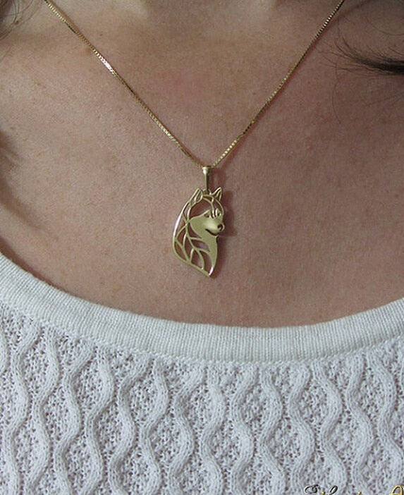 Siberian husky head necklace dog pendant jewelry golden colors plated