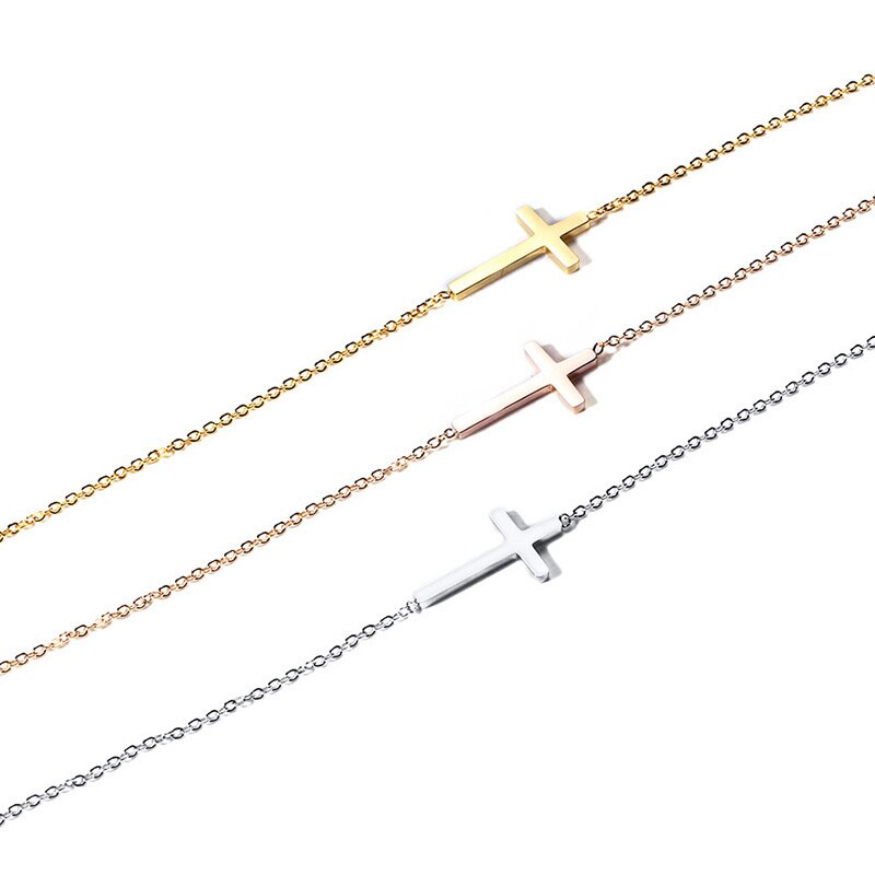 Sideways Cross Choker Necklace for Women Three Colors Stainless Steel Simple Small Cross Pendant for Women Girls Gifts