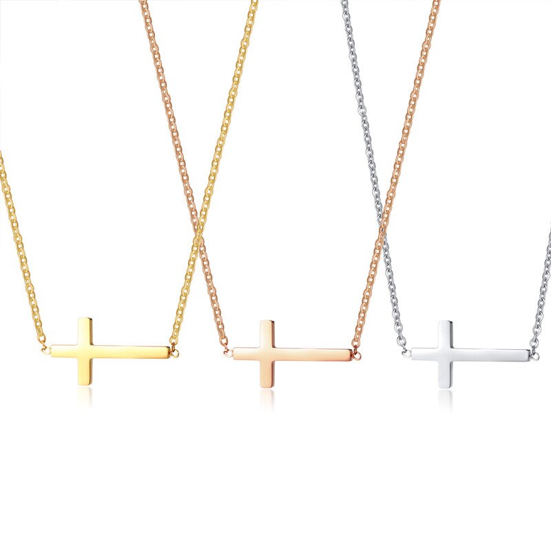 Sideways Cross Choker Necklace for Women Three Colors Stainless Steel Simple Small Cross Pendant for Women Girls Gifts