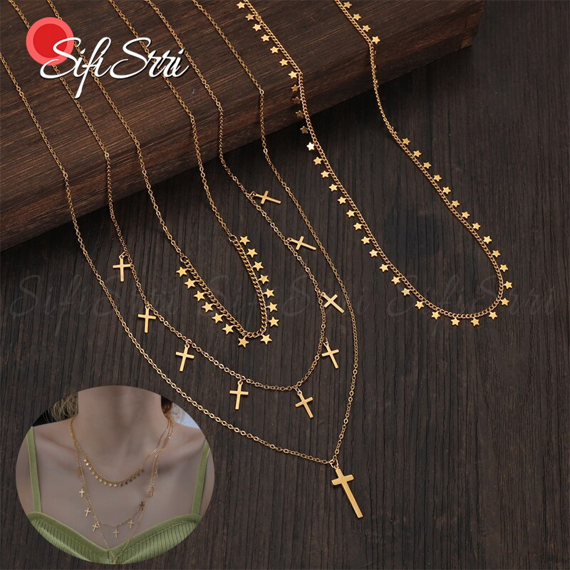 Sifisrri 2021 Vintage Stainless Steel 3 layers Stars Cross Choker Necklace for Women Girl Birthday Gift Jewelry Collar