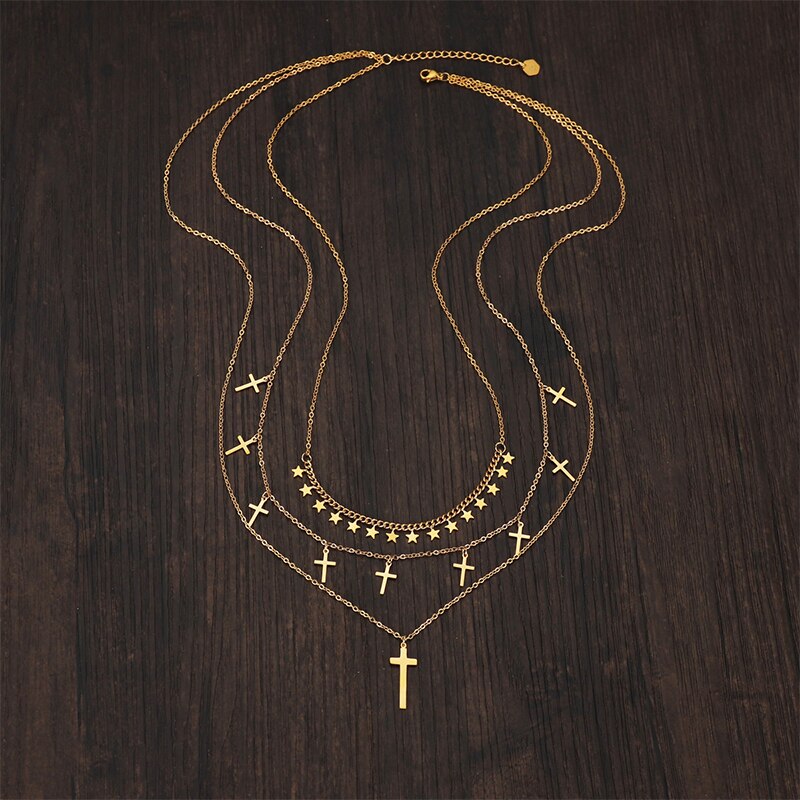 Sifisrri 2021 Vintage Stainless Steel 3 layers Stars Cross Choker Necklace for Women Girl Birthday Gift Jewelry Collar
