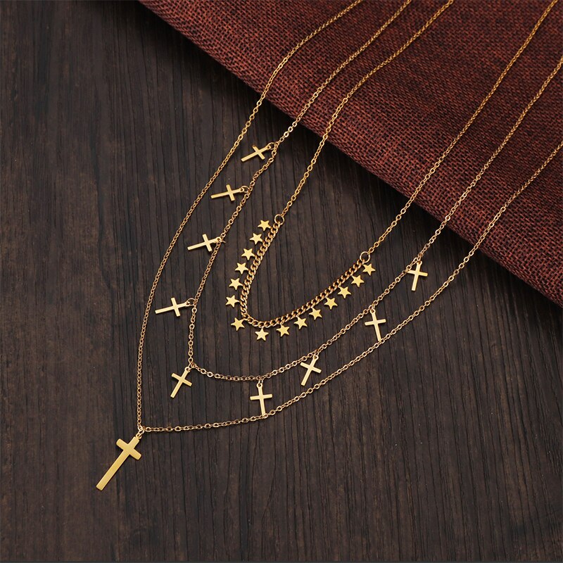 Sifisrri 2021 Vintage Stainless Steel 3 layers Stars Cross Choker Necklace for Women Girl Birthday Gift Jewelry Collar