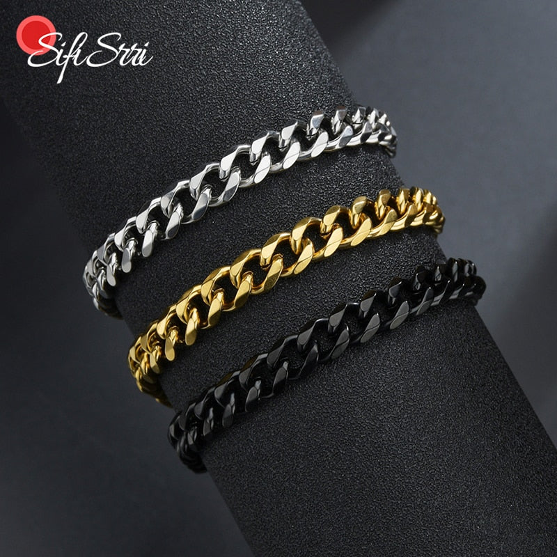 Sifisrri Punk Men 3/5/7mm Stainless Steel Curb Cuban Link Chain Bracelets Black Gold Solid Chains Unisex Wrist Jewelry Gift