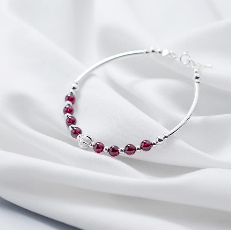Silver Bracelet 100% Real 925 Sterling Silver Bracelet with Garnet Bead