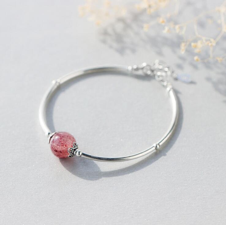 Silver Bracelet 100% Real 925 Sterling Silver Bracelet with Strawberry Crystal Bead