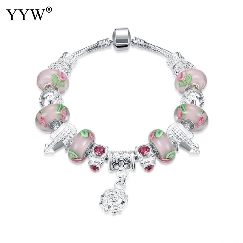 Silver Charm Bracelet with Flower Pendant Pink Murano Glass Beads Friends Bracelet