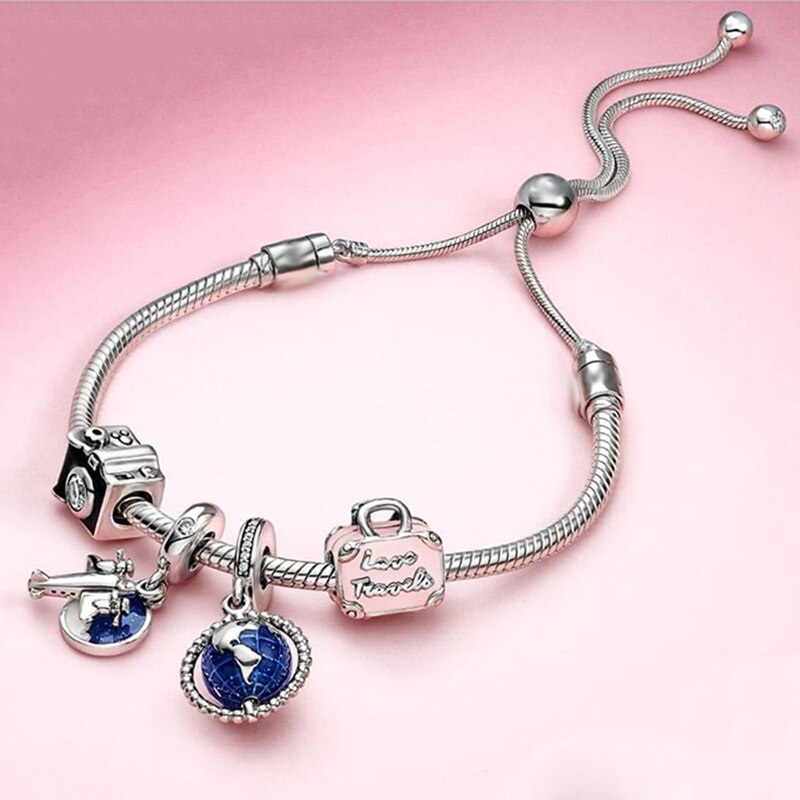 Silver Color Airplane & Earth Pendant Charm Bracelets With Bag & Camera Beads Adjustable Chain Bracelet For Women Jewelry Gift
