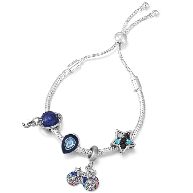 Silver Color Airplane &amp; Earth Pendant Charm Bracelets With Bag &amp; Camera Beads Adjustable Chain Bracelet For Women Jewelry Gift