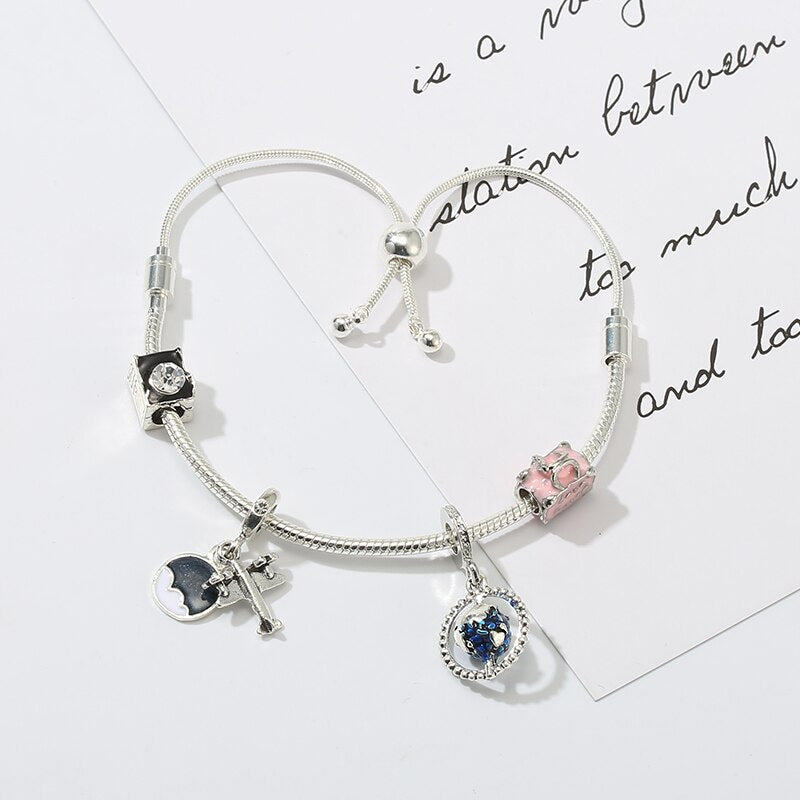 Silver Color Airplane &amp; Earth Pendant Charm Bracelets With Bag &amp; Camera Beads Adjustable Chain Bracelet For Women Jewelry Gift