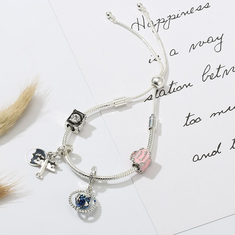 Silver Color Airplane &amp; Earth Pendant Charm Bracelets With Bag &amp; Camera Beads Adjustable Chain Bracelet For Women Jewelry Gift