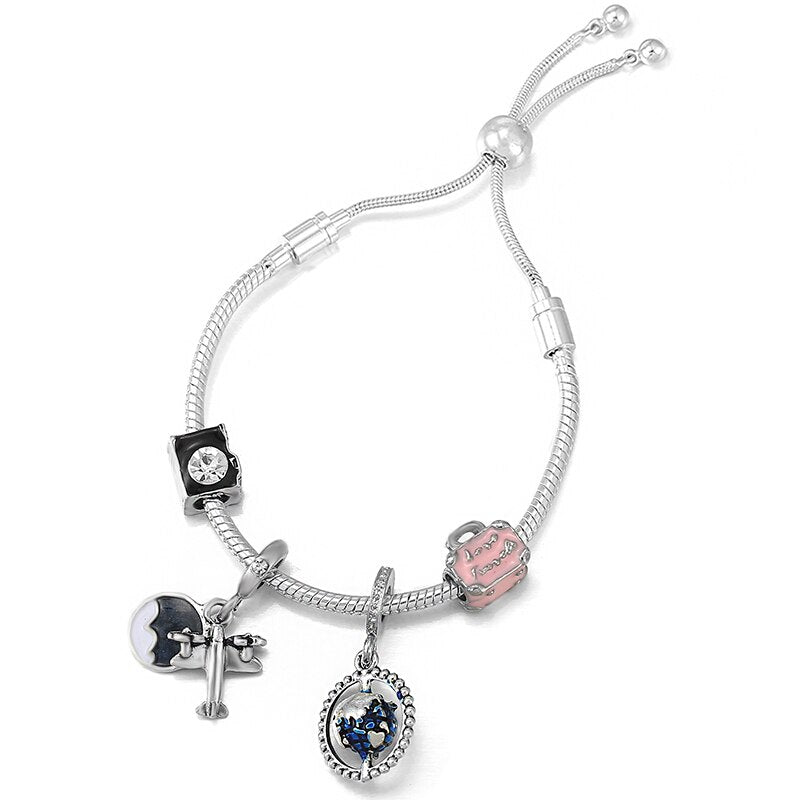 Silver Color Airplane &amp; Earth Pendant Charm Bracelets With Bag &amp; Camera Beads Adjustable Chain Bracelet For Women Jewelry Gift