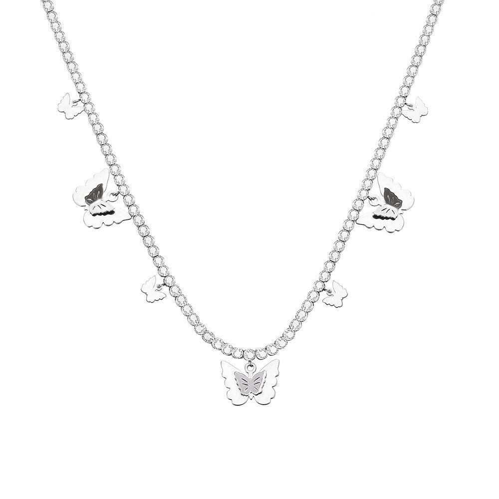 Silver Color Butterfly Pendant Necklace for Women Shiny Crystal Clavicle Chain Design Jewelry Anniversary Gift 2022