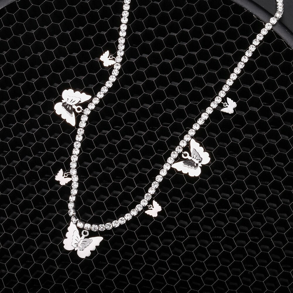 Silver Color Butterfly Pendant Necklace for Women Shiny Crystal Clavicle Chain Design Jewelry Anniversary Gift 2022