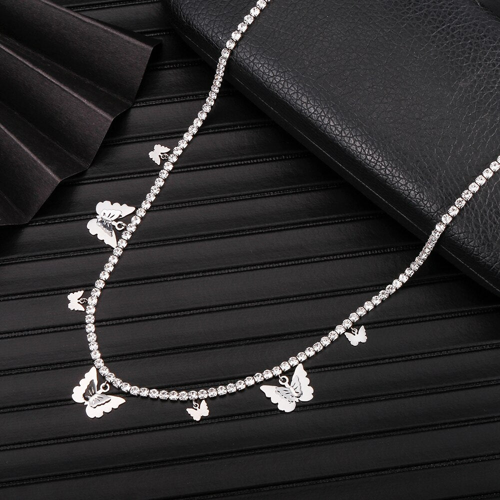 Silver Color Butterfly Pendant Necklace for Women Shiny Crystal Clavicle Chain Design Jewelry Anniversary Gift 2022
