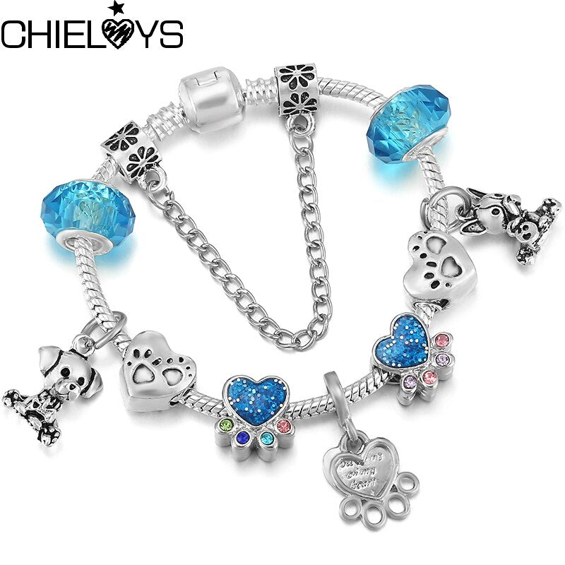 Silver Color Cartoon Charm Bracelet With Blue Dog Paw Beads & Pendant Bracelets For Women Men Kids Jewelry Pulseras