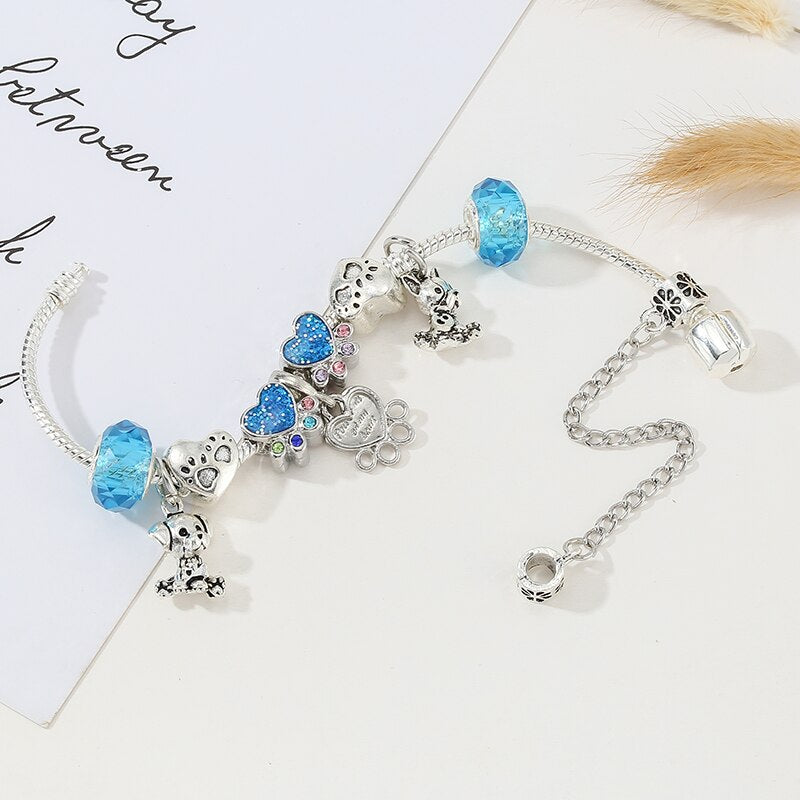 Silver Color Cartoon Charm Bracelet With Blue Dog Paw Beads &amp; Pendant Bracelets For Women Men Kids Jewelry Pulseras
