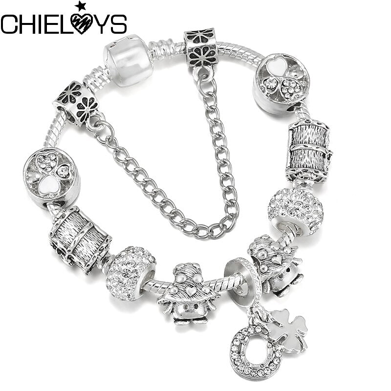 Silver Color Charm Bracelet Clover Pendant With Crystal Beads DIY Bracelets For Women Female Jewelry Gift