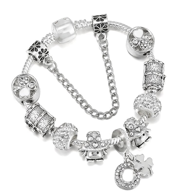 Silver Color Charm Bracelet Clover Pendant With Crystal Beads DIY Bracelets For Women Female Jewelry Gift