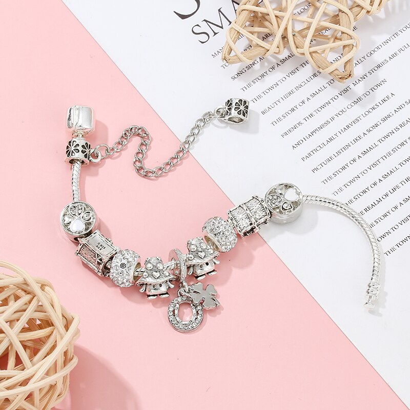 Silver Color Charm Bracelet Clover Pendant With Crystal Beads DIY Bracelets For Women Female Jewelry Gift