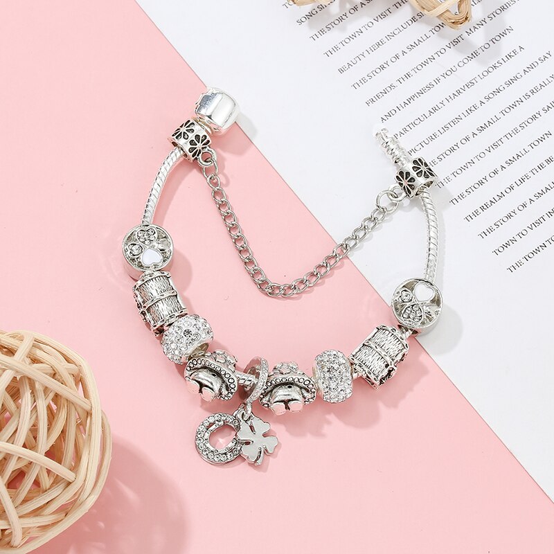 Silver Color Charm Bracelet Clover Pendant With Crystal Beads DIY Bracelets For Women Female Jewelry Gift