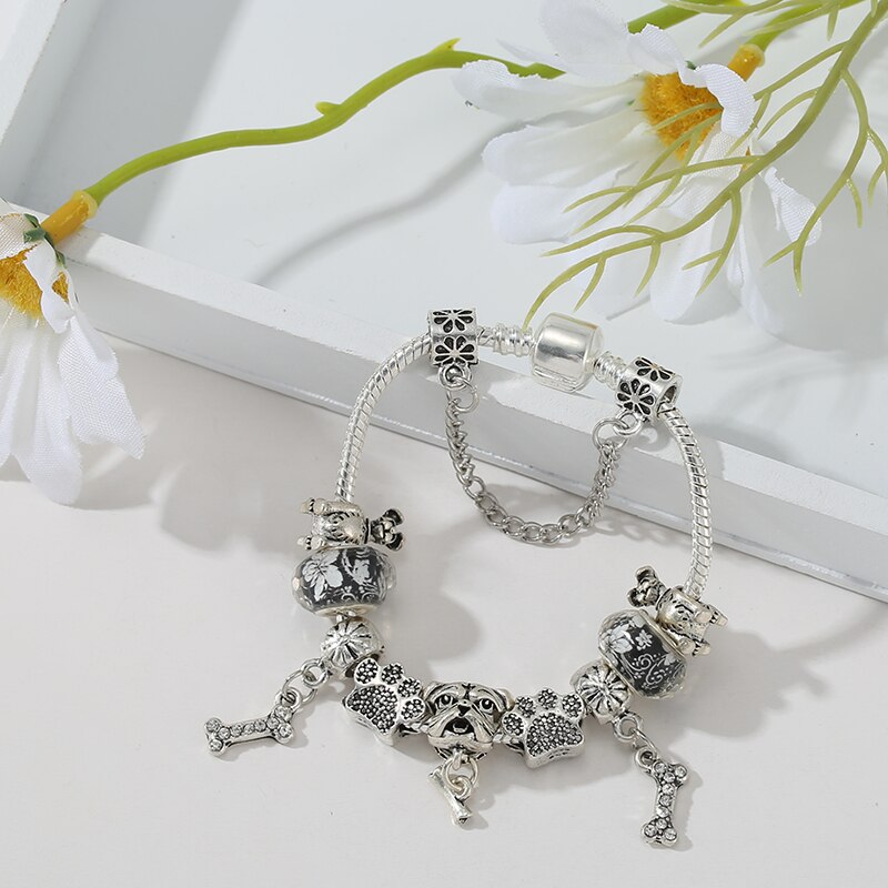 Silver Color Dog &amp; Bone Beads Bracelet Fit Original Design Charm Bead Bracelets For Women Child Jewelry Making Gift Dropshippin