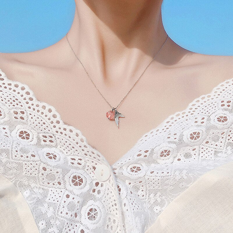 Silver Color Fish Whale's Tail Mermaid Pendant Necklace Pink Strawberry Crystal For Women Gift Jewelry
