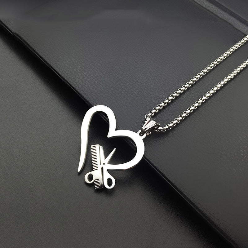 Silver Color Heart Love Jewelry Necklace Tools Scissor Comb Pendants Necklace Barber Shop Hair Dresser Present Necklace Collar