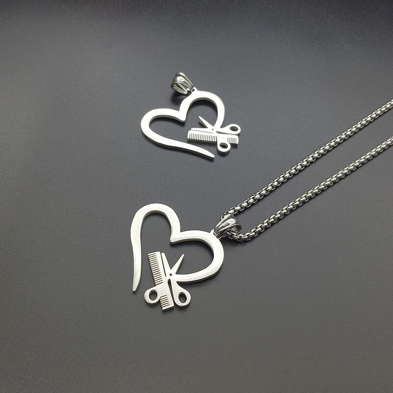 Silver Color Heart Love Jewelry Necklace Tools Scissor Comb Pendants Necklace Barber Shop Hair Dresser Present Necklace Collar