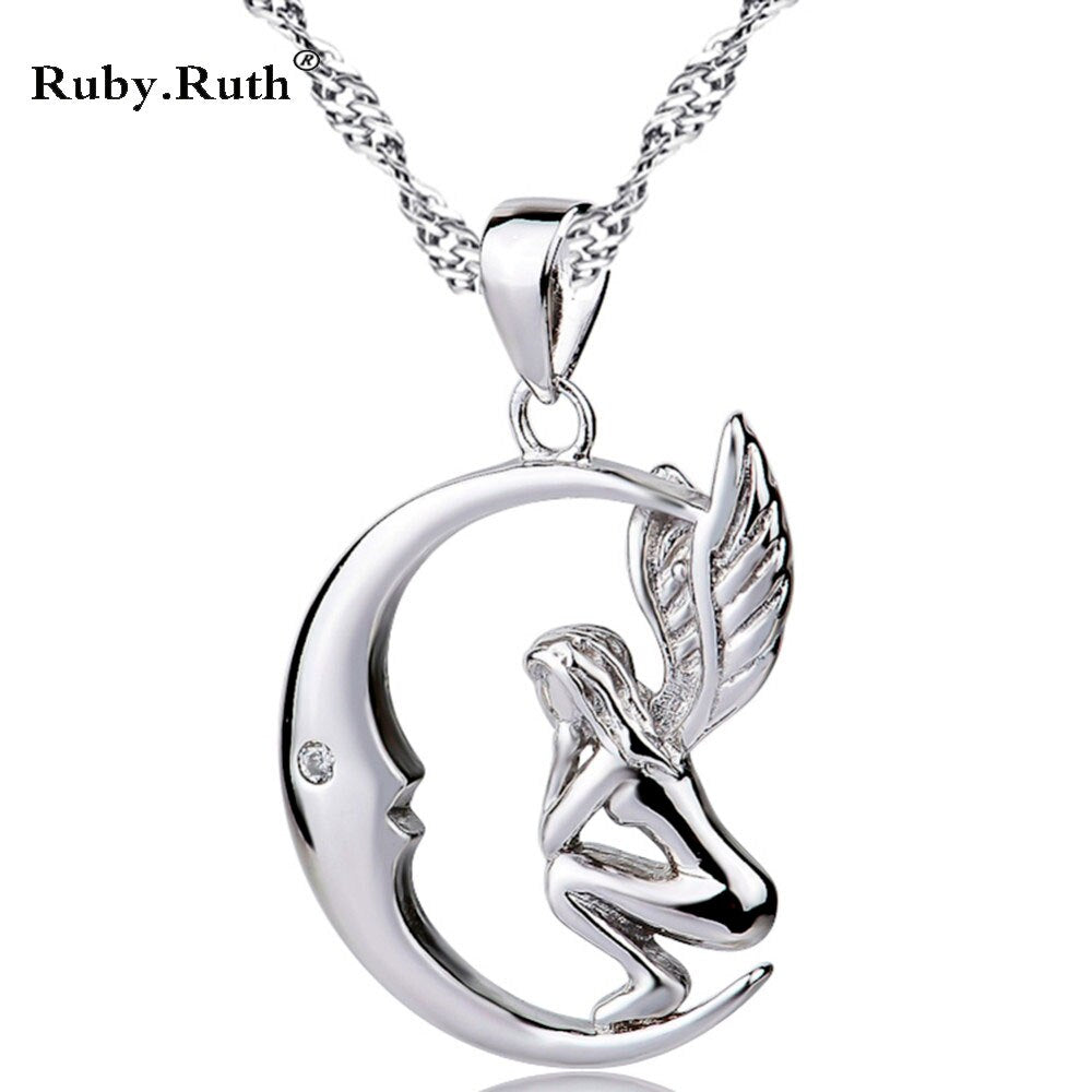 Silver Color Locket Pendant Women Jewelry Silver Angel Moon Necklace Jewelry