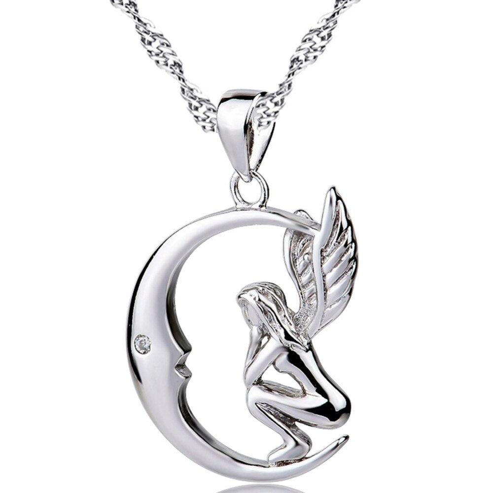 Silver Color Locket Pendant Women Jewelry Silver Angel Moon Necklace Jewelry