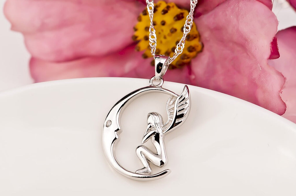 Silver Color Locket Pendant Women Jewelry Silver Angel Moon Necklace Jewelry
