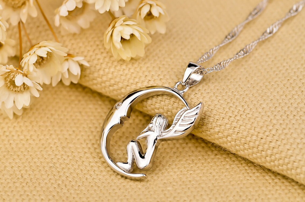 Silver Color Locket Pendant Women Jewelry Silver Angel Moon Necklace Jewelry