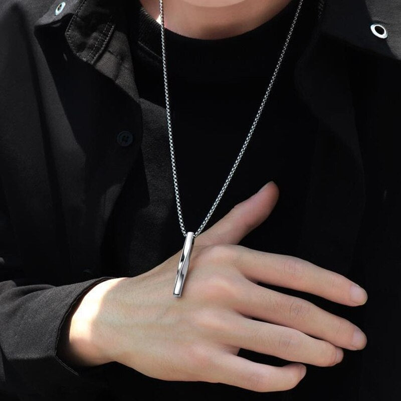 Silver Color Men Spiral Necklace Stainless Steel Rectangle Minimalist Simple Personality Hip Hop Ins Men's Pendant Boys Chains