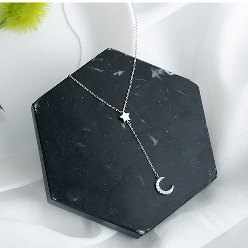 Silver Color Moon Stars Chains Necklaces Pendants For Women Girl Romantic Style Cubic Zirconia Jewelry