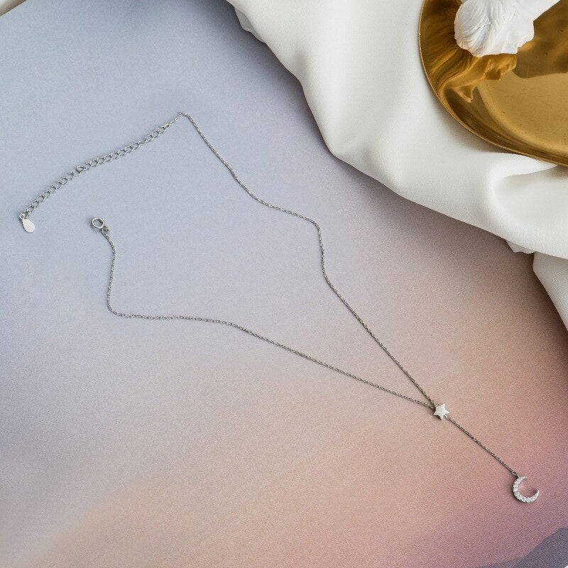 Silver Color Moon Stars Chains Necklaces Pendants For Women Girl Romantic Style Cubic Zirconia Jewelry