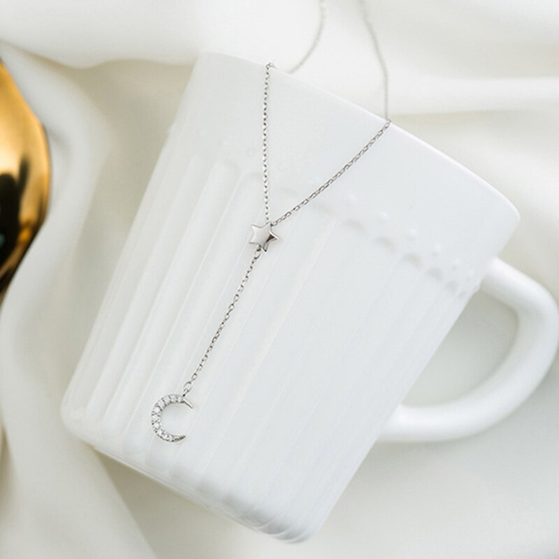 Silver Color Moon Stars Chains Necklaces Pendants For Women Girl Romantic Style Cubic Zirconia Jewelry