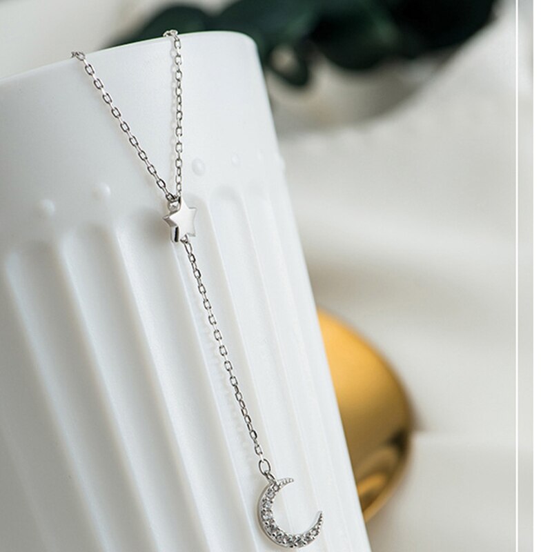 Silver Color Moon Stars Chains Necklaces Pendants For Women Girl Romantic Style Cubic Zirconia Jewelry