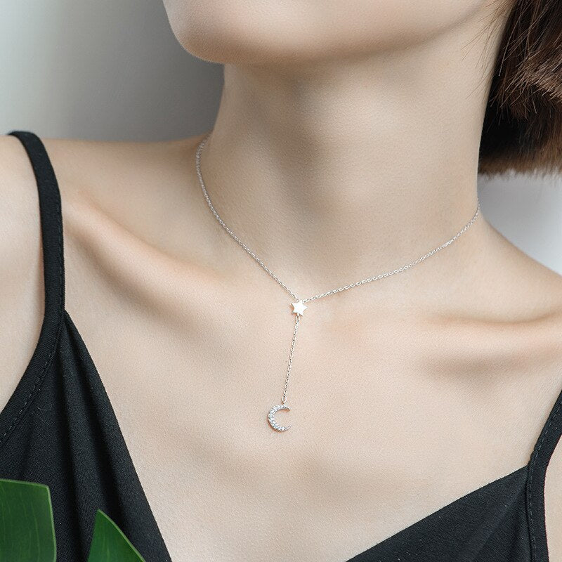 Silver Color Moon Stars Chains Necklaces Pendants For Women Girl Romantic Style Cubic Zirconia Jewelry