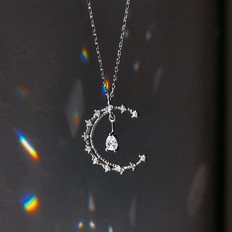 Silver Color Moon Zircon Crystal Necklace Water Drop Shape Pendant Choker Necklace Jewelry For Women Girl Gift