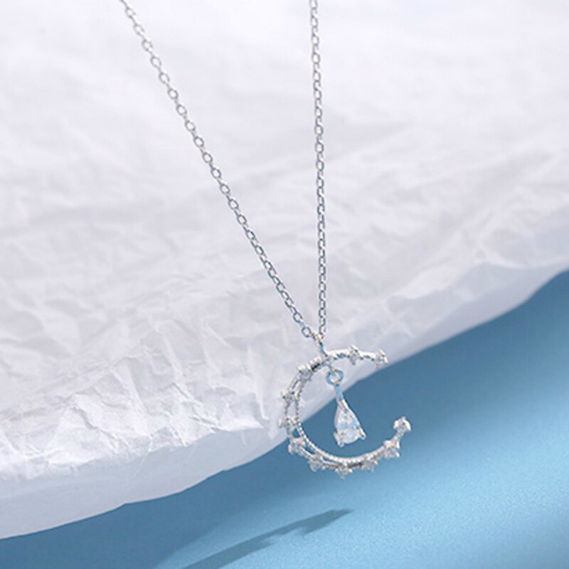 Silver Color Moon Zircon Crystal Necklace Water Drop Shape Pendant Choker Necklace Jewelry For Women Girl Gift