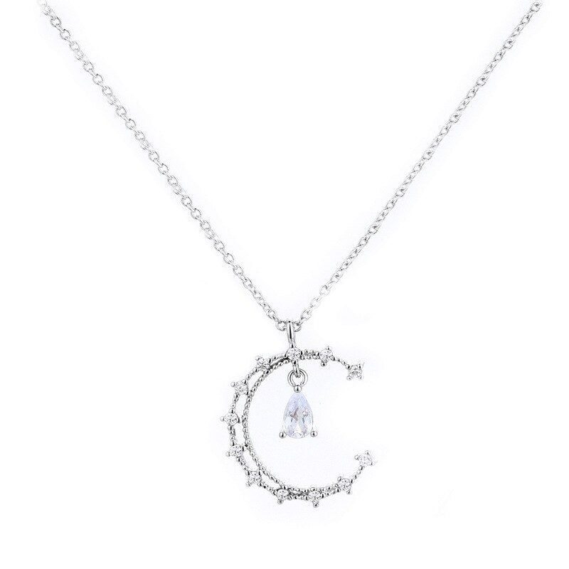 Silver Color Moon Zircon Crystal Necklace Water Drop Shape Pendant Choker Necklace Jewelry For Women Girl Gift