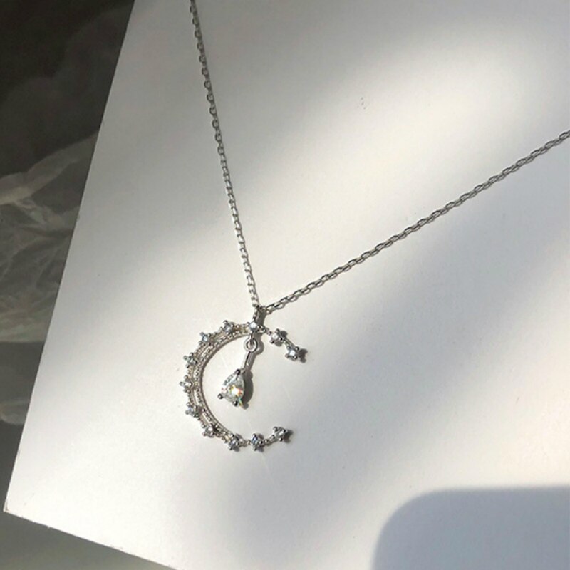 Silver Color Moon Zircon Crystal Necklace Water Drop Shape Pendant Choker Necklace Jewelry For Women Girl Gift
