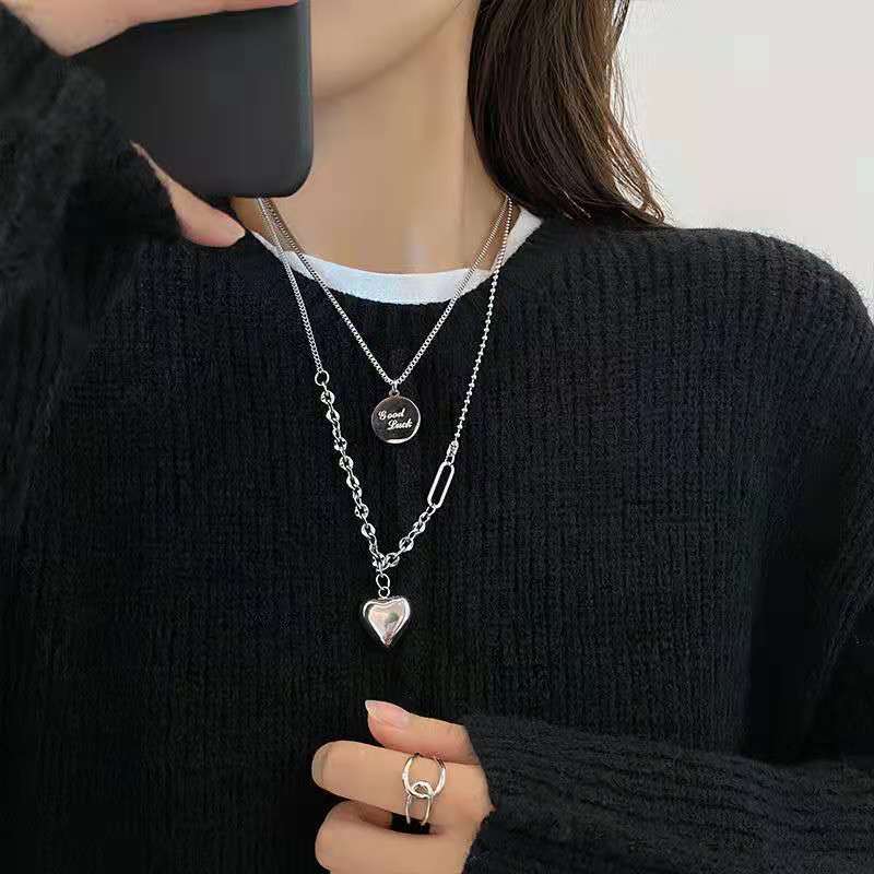 Silver Color Necklace Hip-hop Sweater Chain Heart Love Pendant Sweater Chain Long Multi-layer Necklaces for Women grunge Jewelry