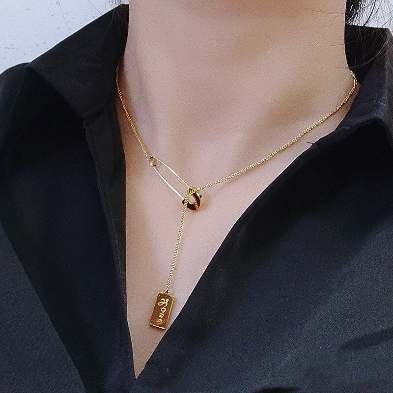 Silver Color Stainless Steel Pin Rectangle Tassel Choker Necklace Women Chains Jewelry On The Neck Female Necklaces Accessories